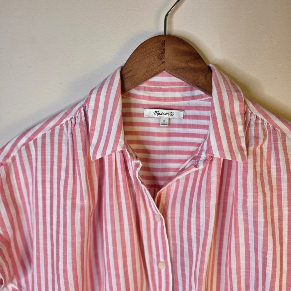 Madewell Cotton Button Shirt Womens Small Pink White Striped Back Vent Oversized - Picture 3 of 11